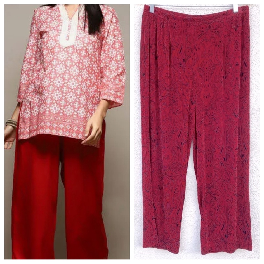 COLDWATER CREEK red palazzo pants stretch black bottoms floral holiday women’s